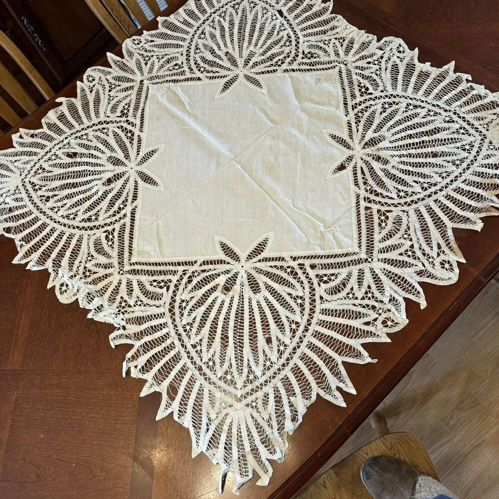 Antique TableCloth Battenburg Lace Handmade 44” Square With Hand Stitches Cotton